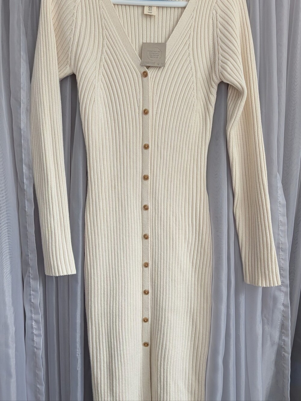 Happily Grey Cream Ribbed Knit Button-Front Long Sleeve Cream Dress